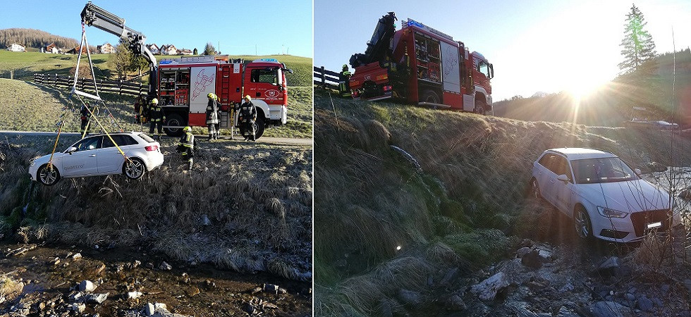 Perde il controllo dell'auto e l'Audi finisce nel torrente: per il recupero interviene l'autogru