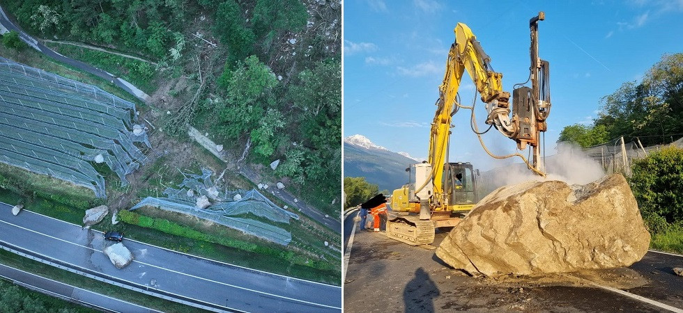 Enorme masso in strada dopo la frana: si lavora per demolire la roccia e liberare la carreggiata
