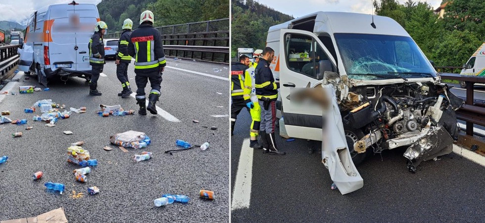 Violento schianto sull'A22 e il carico del furgone finisce sull'Autostrada: vigili del fuoco in azione