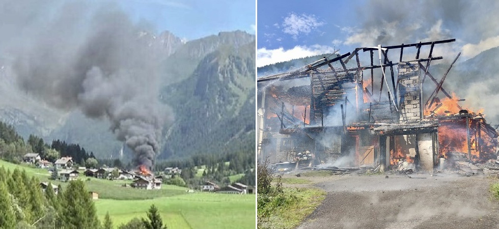 Casa con fienile devastata dalle fiamme: l'alta colonna di fumo visibile a grande distanza