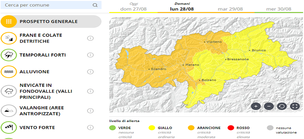 Maltempo, allerta elevata ad arancione in Alto Adige: “Attenzione all'innalzamento dei fiumi, frane e colate detritiche”