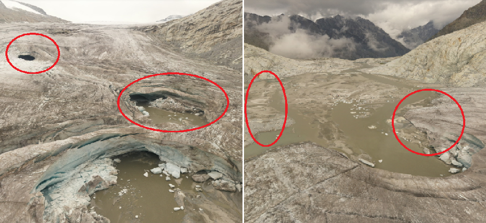 Adamello, affiorano le prime rocce nel cambio di pendenza e appare l'acqua nei crolli circolari