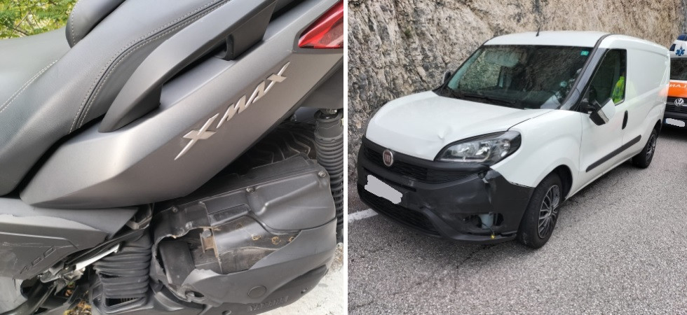 I due mezzi coinvolti nello scontro, a sinistra lo scooter e a destra il furgone I due mezzi coinvolti nello scontro, a sinistra lo scooter e a destra il furgone