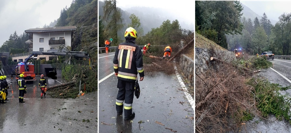 Pioggia e alberi abbattuti sulla strada, il maltempo causa disagi in val Passiria, intervento dei vigili del fuoco