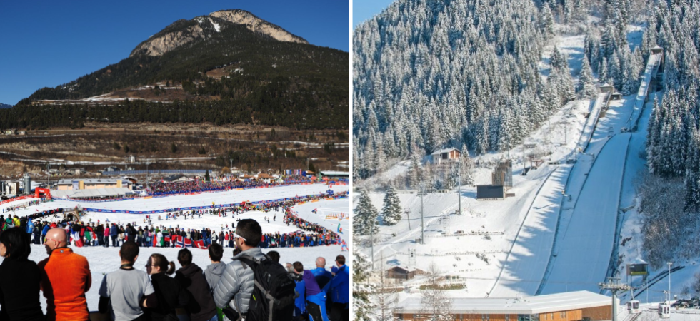 A sinistra il centro del fondo di Tesero, a destra lo stadio del salto di Predazzo A sinistra il centro del fondo di Tesero, a destra lo stadio del salto di Predazzo