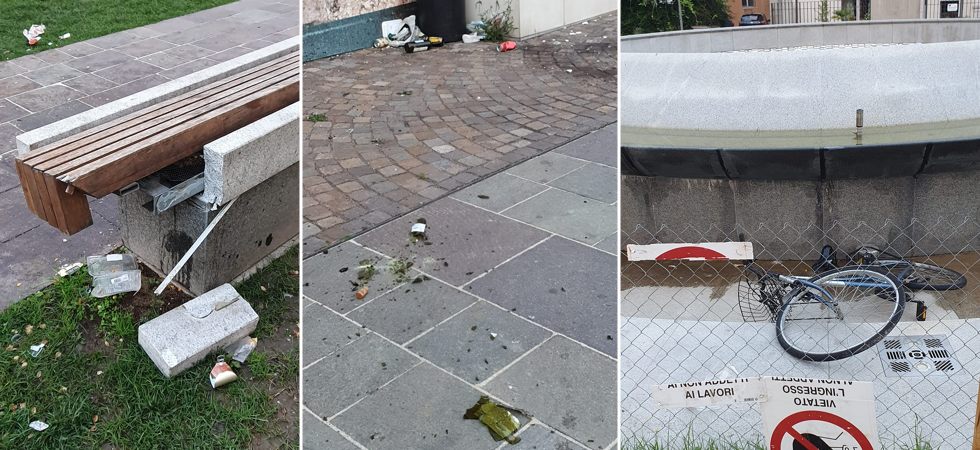 Vandalismi nella notte in centro città: panchina distrutta e cocci di vetro in strada