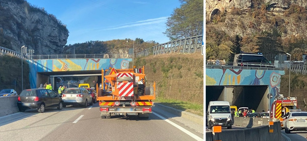 Incidente in tangenziale nei pressi della galleria di Piedicastello: mezzi pesantemente danneggiati e lunghe code