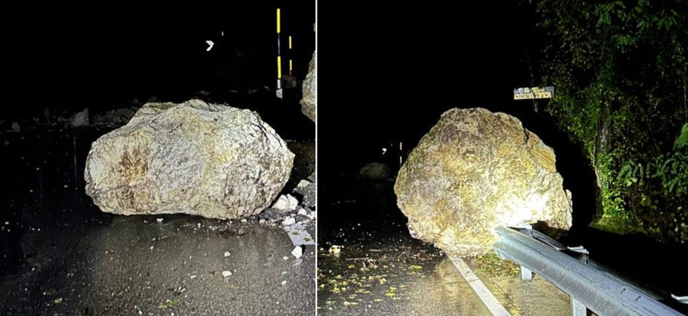 Grossi massi sono piombati sull'asfalto, frana nella notte sulla SS350: strada chiusa sul posto vigili del fuoco e tecnici