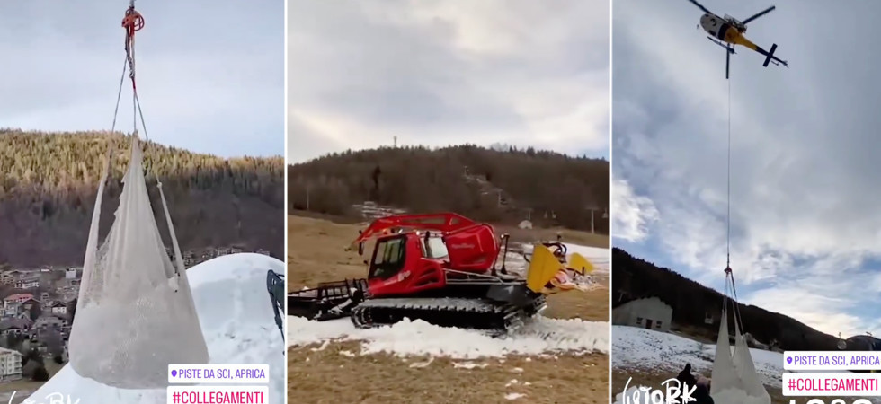 Neve trasportata con l'elicottero (e stesa sui prati ingialliti) per "mantenere in vita le piste da sci"