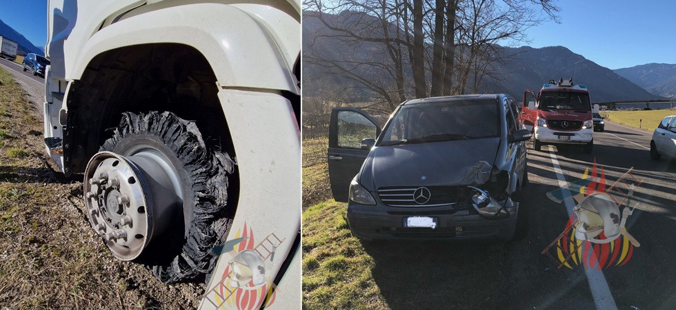 Momenti di paura lungo la Valsugana, la copertura di uno pneumatico di un camion si stracca e finisce addosso ad una macchina