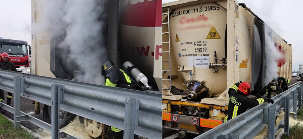 Fiamme in un camion carico di semola i vigili del fuoco evitano che l'incendio si propaghi all'intero mezzo