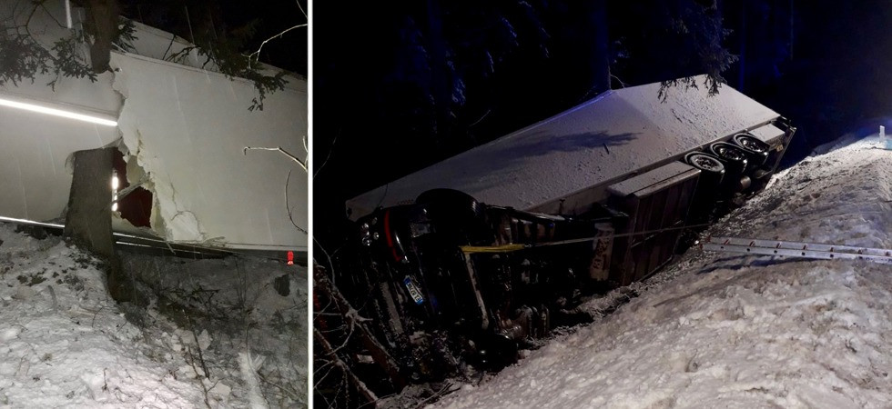 Mezzo pesante scivola sulla neve finendo in una scarpata, l'appello dei pompieri: "Dotarsi di attrezzatura invernale"