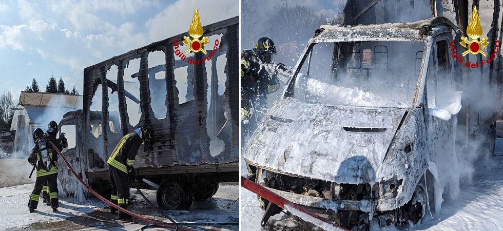 Furgone prende fuoco e le fiamme lo avvolgono: difficile intervento dei vigili del fuoco