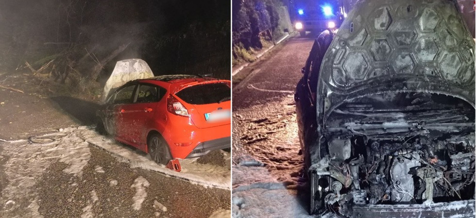 Gli alberi finiscono sulla strada a causa di una frana, un'auto si schianta contro i tronchi e prende fuoco