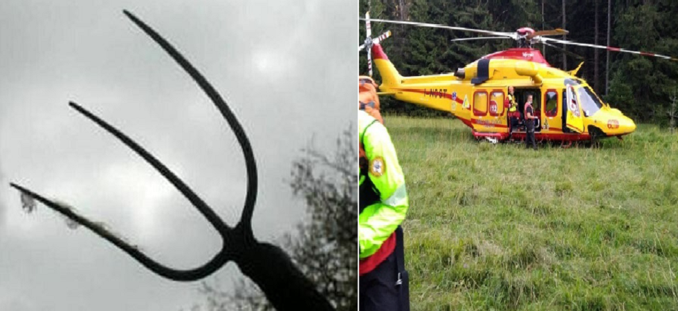 Cade e finisce su un forcone che lo trapassa: l'attrezzo tagliato con una mola a disco