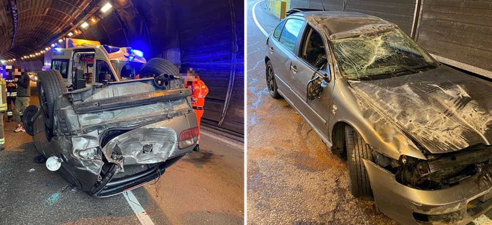 L'auto si ribalta all'uscita dalla galleria