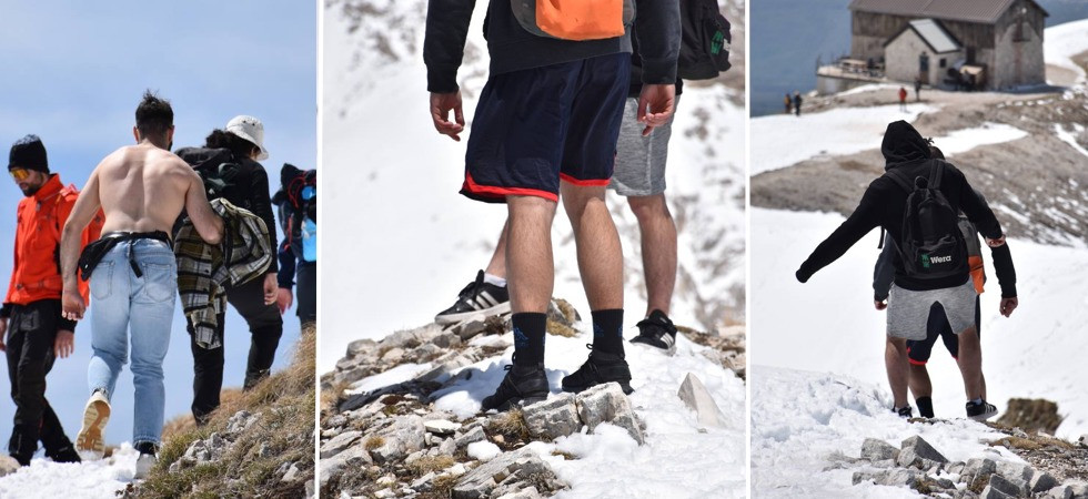 In quota (con rischio valanghe marcato) con pantaloncini e scarpe da ginnastica e sui social le FOTO della "folle" gita