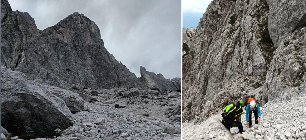 Si blocca fra i salti di roccia non riuscendo più a proseguire e per recuperarla servono le corde