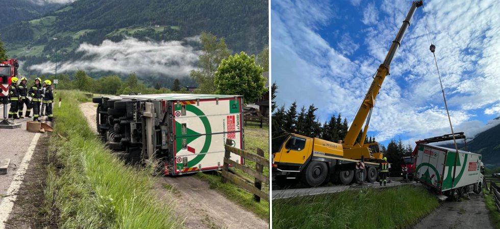 Camion esce di strada e si ribalta: per recuperalo servono due autogrù