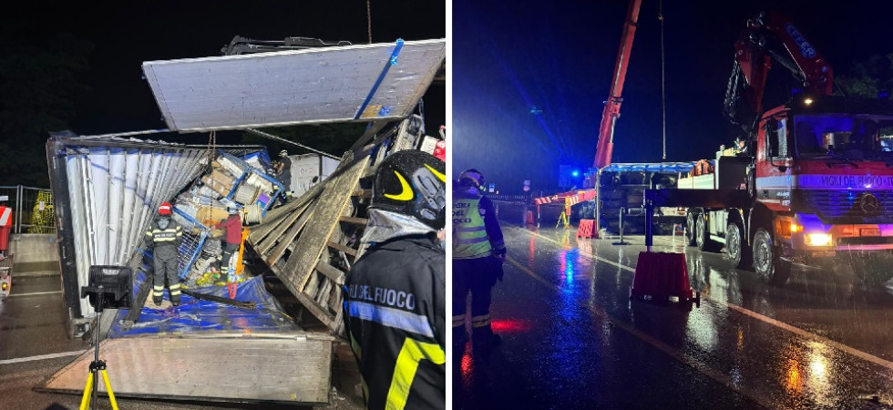 Mezzo pesante ribaltato lungo la statale della Valsugana, traffico deviato e notte di lavoro per i vigili del fuoco