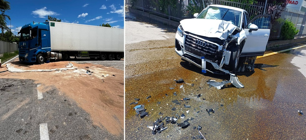 Si schianta con l'auto contro un mezzo pesante: danneggiato il serbatoio e diverso carburate finisce in strada
