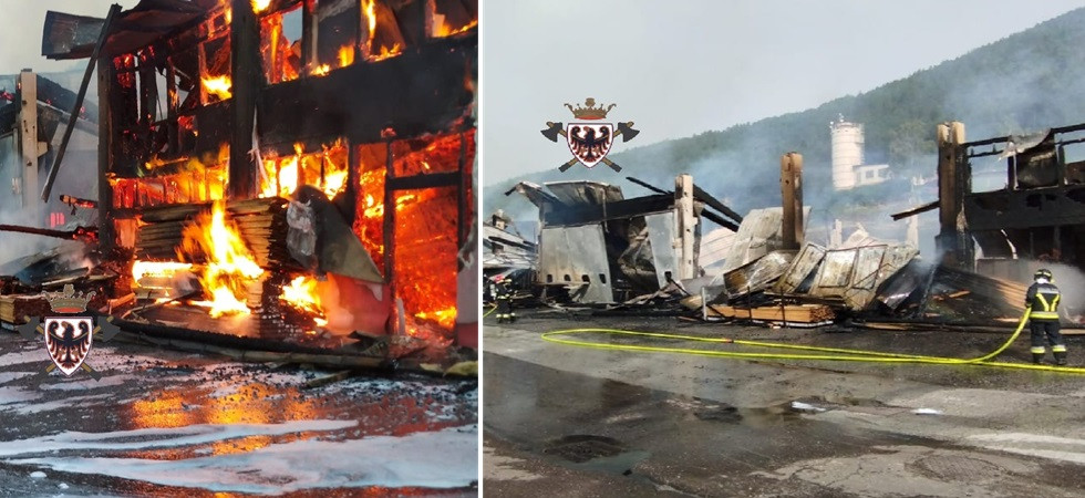 Le fiamme distruggono una segheria, furioso incendio in Val di Cembra: oltre 120 vigili del fuoco impegnati