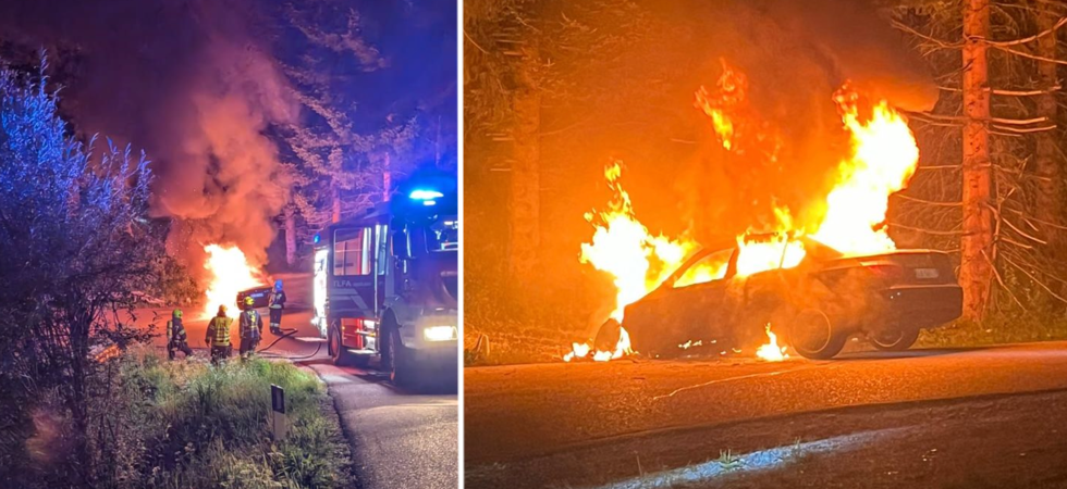 Spaventoso incendio nella notte, l'auto prende fuoco e le fiamme rischiano di propagarsi alla vegetazione circostante