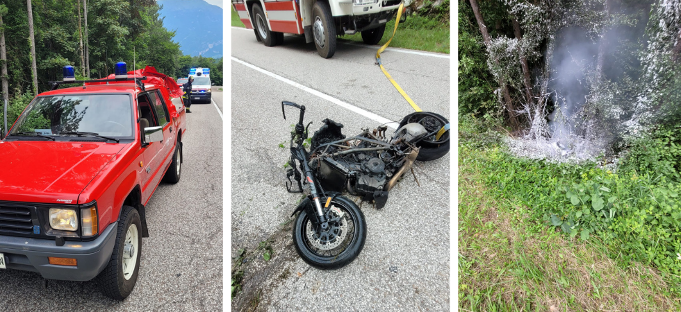 Finisce fuori strada, la moto scivola nella scarpata e va a fuoco: ferito il conducente
