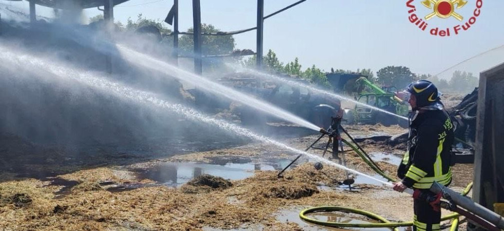 Bruciano 7 mila quintali di fieno, intervento in massa dei vigili del fuoco per spegnere un incendio nel deposito di