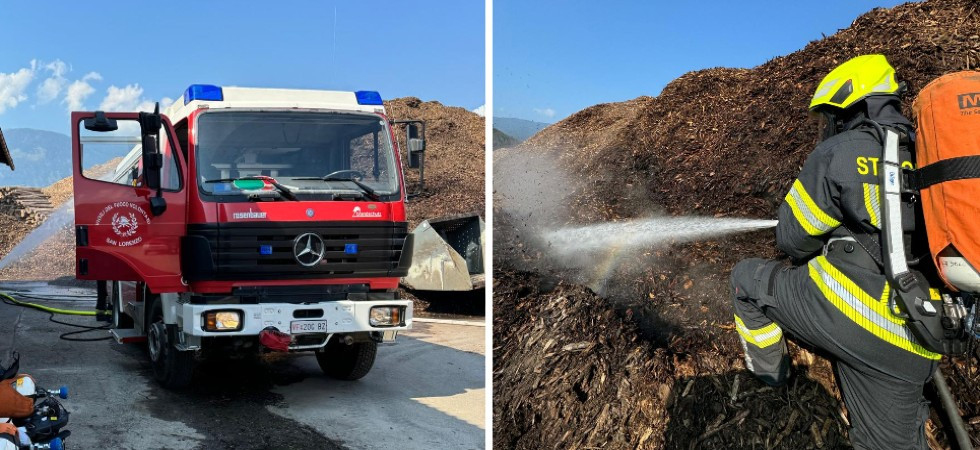 Fiamme e fumo, incendio in una catasta di trucioli e materiale legnoso: in azione i vigili del fuoco