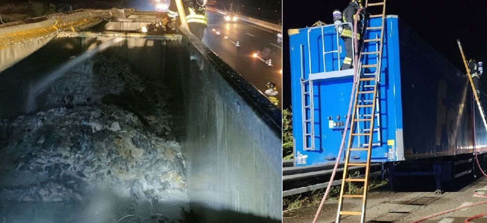 Fiamme nel rimorchio che trasporta materiale pericoloso per l'ambiente: in azione i vigili del fuoco e le forze dell'ordine
