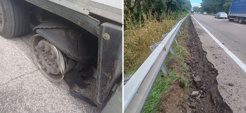 Scoppia uno pneumatico e il camion pieno di legname rischia di finire fuori strada