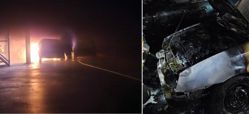 Le fiamme avvolgono un'auto in un parcheggio sotterraneo, danni anche ad un altro mezzo: in azione i vigili del fuoco