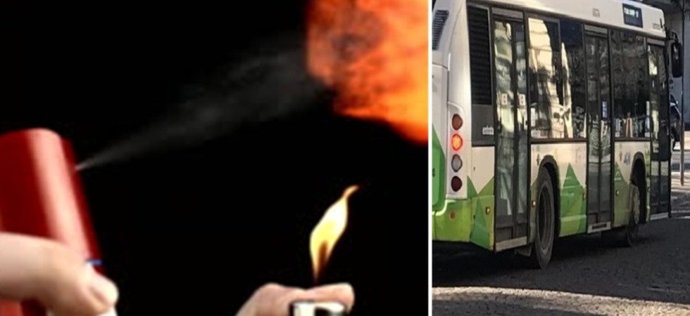 Usa la bomboletta spray come un lanciafiamme e il sedile del bus prende fuoco