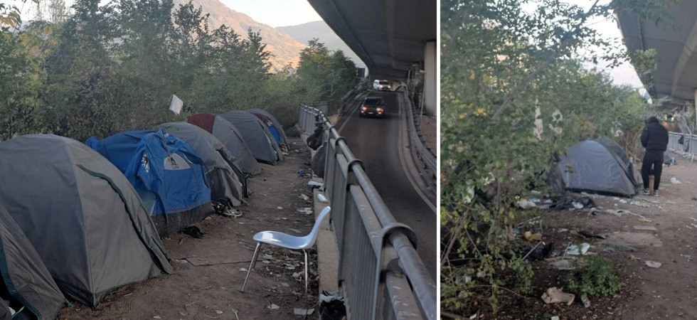 Sgomberate le tende dei senzatetto lungo il fiume, l'intervento della polizia locale con il personale dell'A22