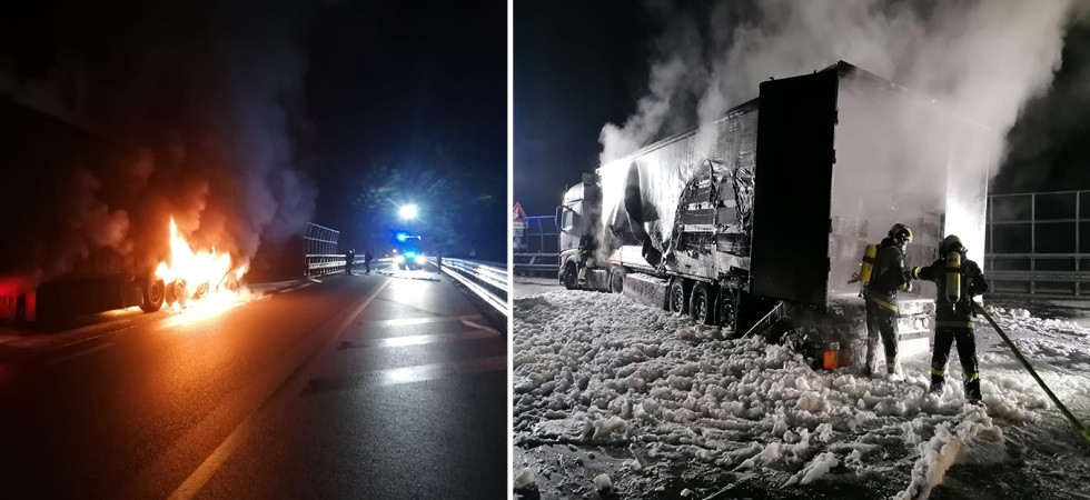 Momenti di paura nella notte lungo la Valsugana, in fiamme un mezzo pesante: sul posto i vigili del fuoco e i carabinieri