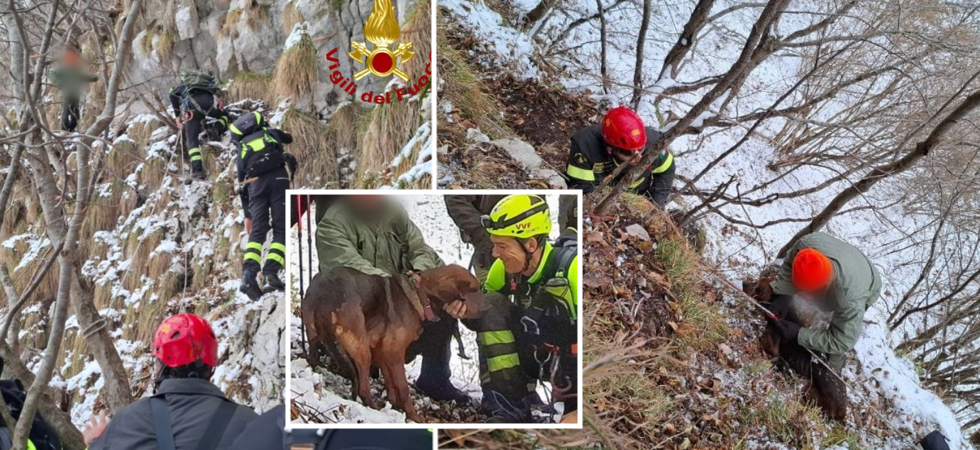Cane da caccia cade in un dirupo e il padrone rimane bloccato in un punto impervio nel tentativo di recuperarlo