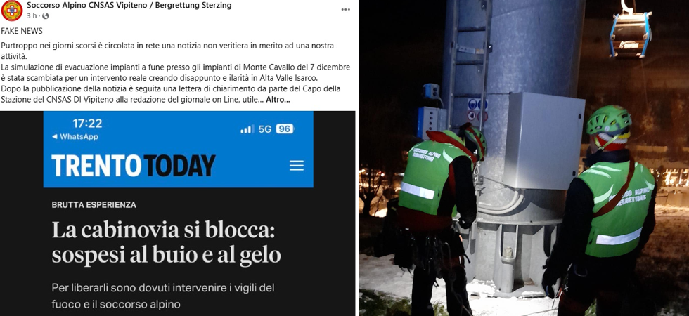 Bloccati in cabinovia al freddo e al buio, i soccorritori: Alcune testate hanno diffuso una 'fake news' creando scompiglio