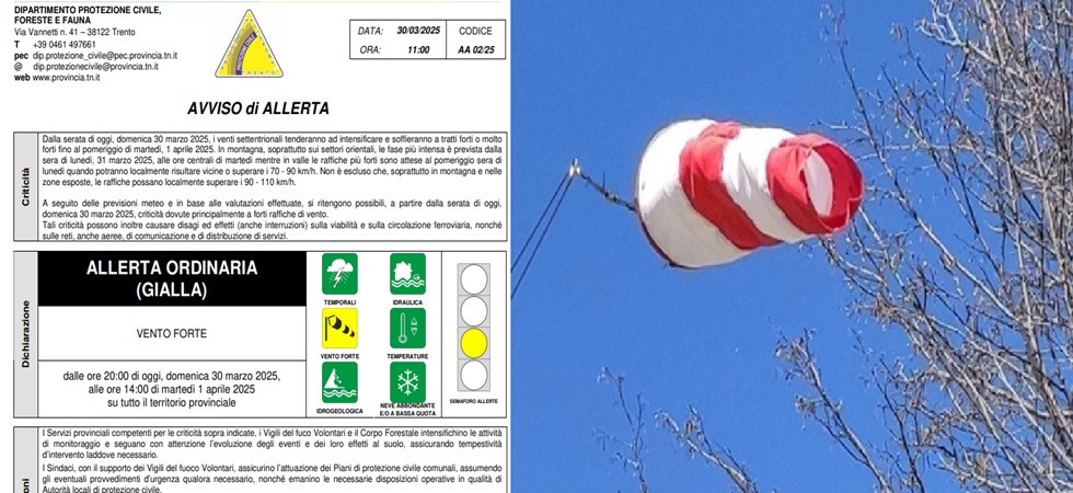 Raffiche fino a 110 chilometri orari, "Allerta gialla" in Trentino per il vento: possibili disagi a viabilità e servizi
