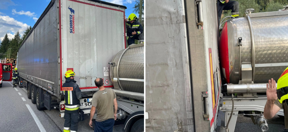 Scontro tra camion in manovra per parcheggiare, rischio fuoriuscita di "marmo liquido": in azione i vigili del fuoco