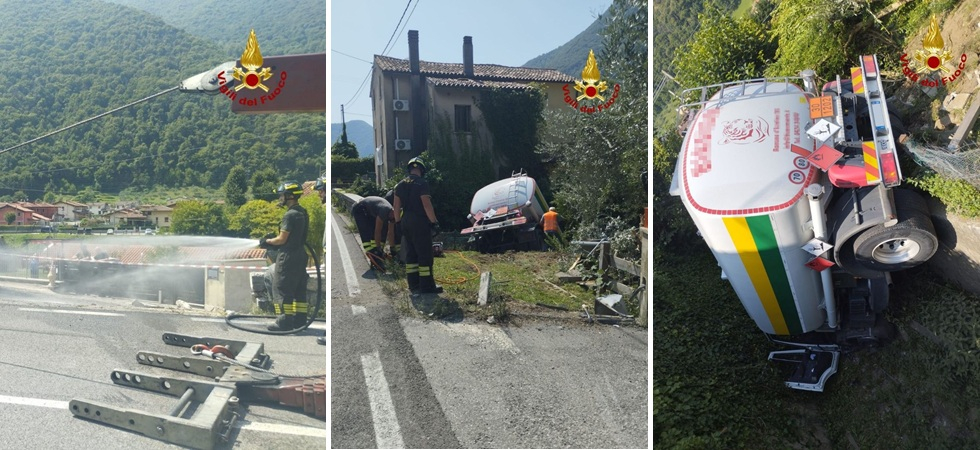 Un camion per il trasporto del gasolio distrugge una colonnina del gas (che fuoriesce) e finisce nel fiume