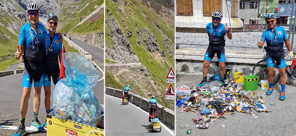 Due ciclisti sui tornanti dello Stelvio per ripulire le curve dai rifiuti abbandonati