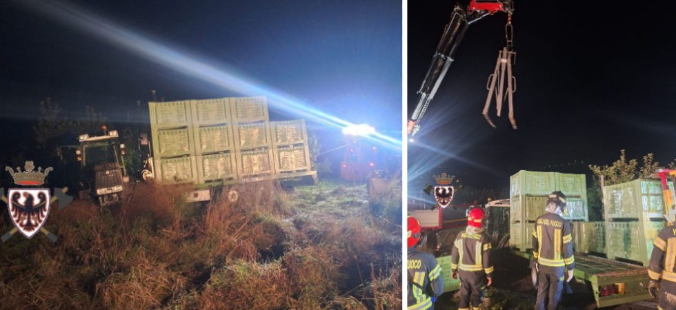 Trattori per la raccolta mele finiscono di traverso sulle strade di campagna