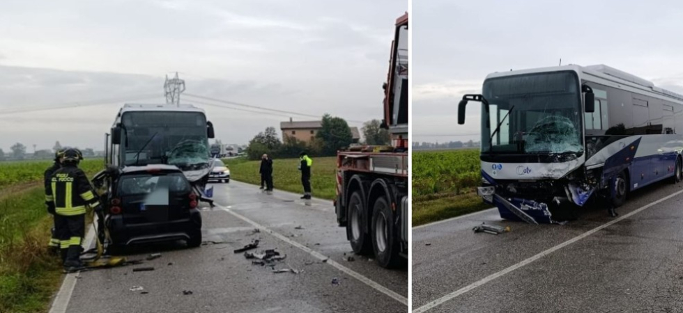 Tremendo scontro frontale tra una smart e un autobus di linea: morta una donna