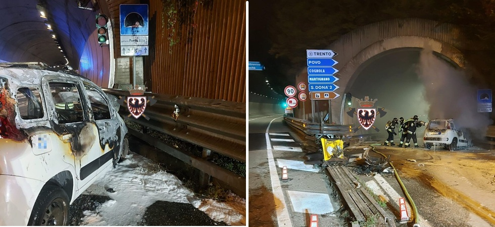 foto Federazione dei Corpi Vigili del Fuoco Volontari della Provincia di Trento Si schianta all'imbocco della galleria e l'auto prende fuoco