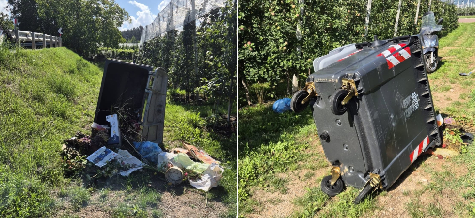 “Qualcuno ha preso il bidone del cimitero e lo ha lanciato lungo la statale