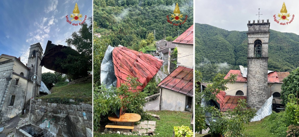 Maltempo, tetto della chiesa sollevato dalle raffiche di vento finisce sui cavi dell'elettricità