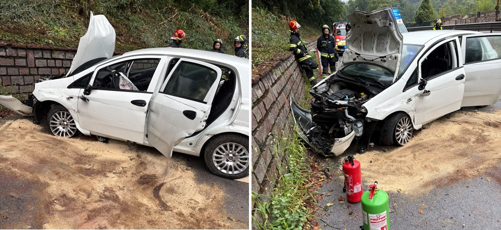 Momenti di paura sulla Valsugana: sbanda, esce di strada e si schianta contro il muro