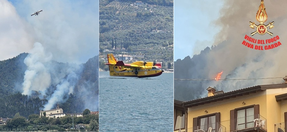 Il fuoco non dà tregua, grosso incendio sul Garda: in azione 3 canadair, enorme colonna di fumo