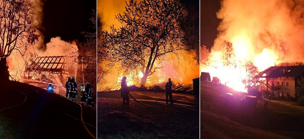 Le fiamme alte e la colonna di fumo, grosso incendio nella notte: distrutto un fienile, paura per gli edifici vicini